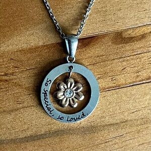 BOGO “So special, so loved” silver and copper tone daisy pendant on chain